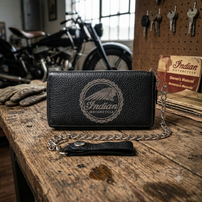 Indian Motorcycle Genuine Leather Biker All Over Zipper Bi-Fold Wallet W/ Chain