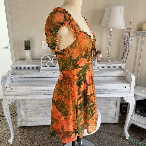 Urban Outfitters Women's Audrey Mesh Mini Dress in Orange Floral Size Small S - Picture 3 of 7