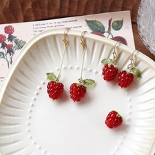 Raspberry Berry Drop Earrings Green Leaf White Flower Dangle Shape Women Jewelry