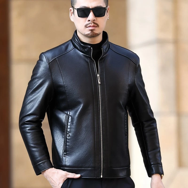 Men's Real Leather Jacket Thick Fur Winter New Stand Up Collar Business Jackets - Image 3 of 4