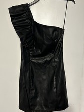 Forever 21  M Gorgeous Black Faux Leather Dress With One Shoulder Ruffled Sleeve