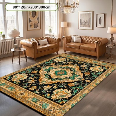 Luxurious Large Rectangular Floor Mat- Emerald Green and Golden Decorative Embl