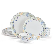 Lightweight Bone China 12 Piece Dinnerware Plate Bowl Set, Service for 4 Quinn