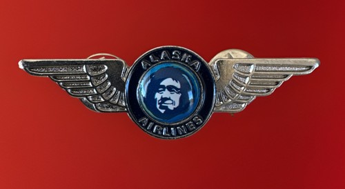 Alaska Airlines Lapel Jacket Pin Winged With Eskimo Face Blue Background 2"
