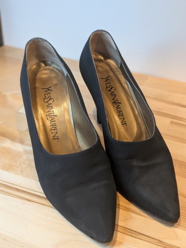 Yves Saint Laurent Paris Black Satin Pumps Heels Pointed Toe Size 6.5