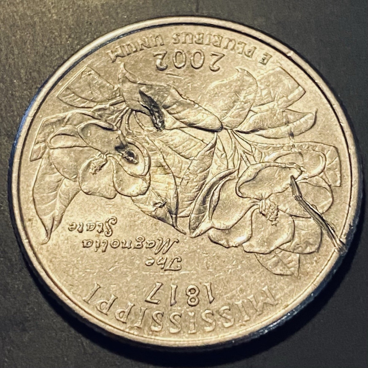 2002-D Mississippi State Quarter Error Coin Reverse Die Break Rim