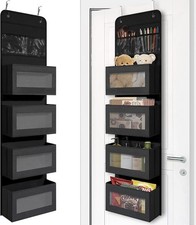 Black Over Door Organizer with 4 Large Clear Pockets, Hanging Door Storage for C