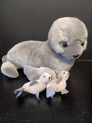 Semo 18'' Plush Gray Seal & 2 Babies 6''  W/ Zip Pouch Belly For Storing Babies
