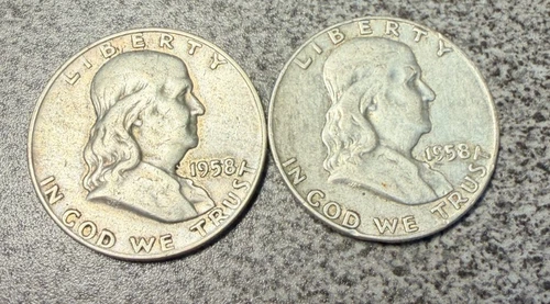 LOT OF 2 - 1958 D 50C BEN FRANKLIN SILVER HALF DOLLARS - 90% SILVER AS SHOWN