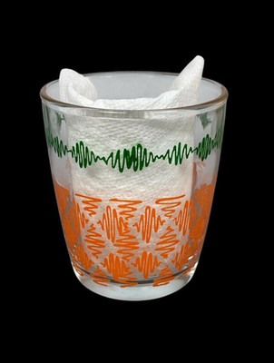 Zig Zag Lines Sour Cream Glass Vintage 60's Style 1/2 Pint Orange & Green