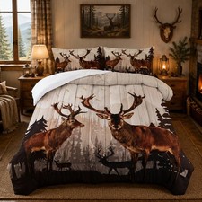 Deer Comforter Forest Hunting Bedding Sets Full Size,Cute Brown Deer Comforte...