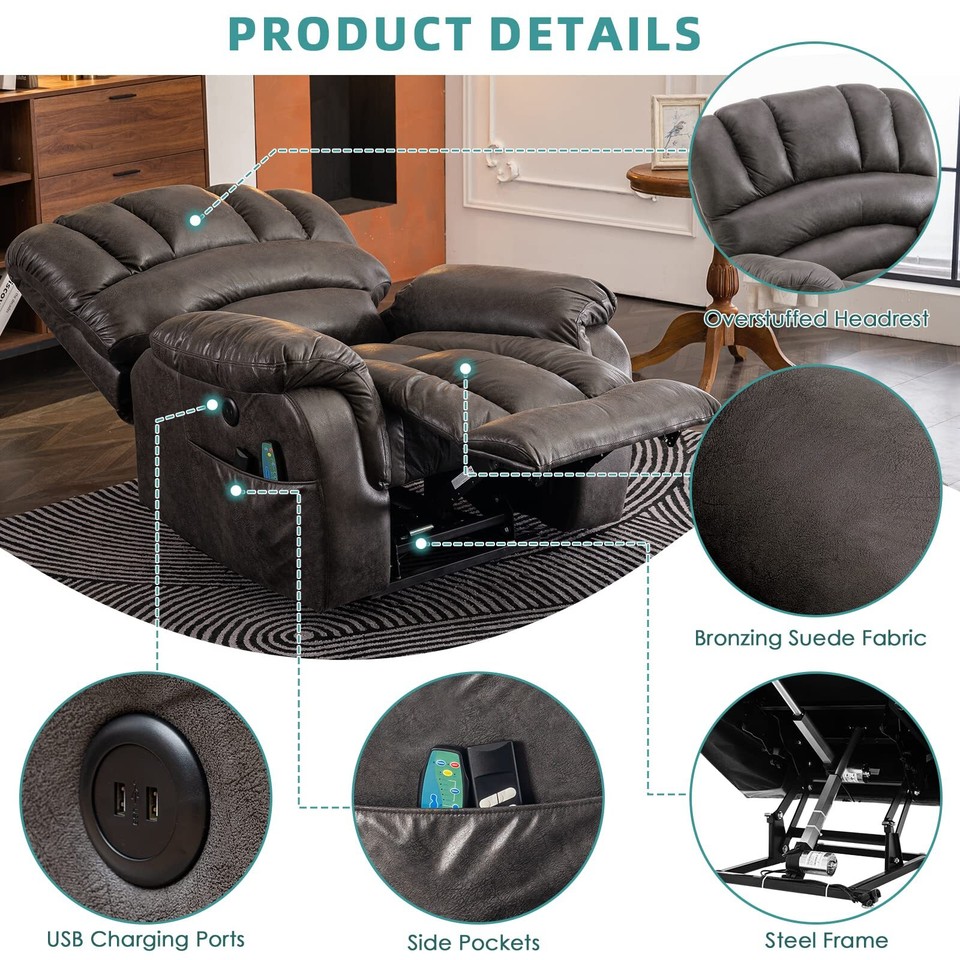 Big Tall Large Lay Flat Dual Motor Power Lift Recliner Chair w/ Heated ...