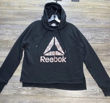 Reebok Hoodie Size Large Black Sweatshirt Thumbholes Pullover Pink Logo