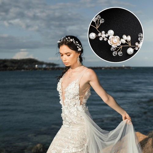 Pearl Wedding Headpiece for girl Rhinestone Wedding Hair Accessory Gold Flowe... - Picture 5 of 5
