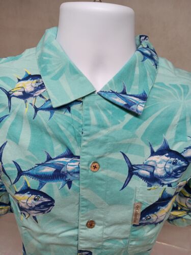 COLUMBIA RIVER LODGE MEN LARGE BLUE FISH PATTERN SHORT SLEEVE SHIRT POCKET LOGO