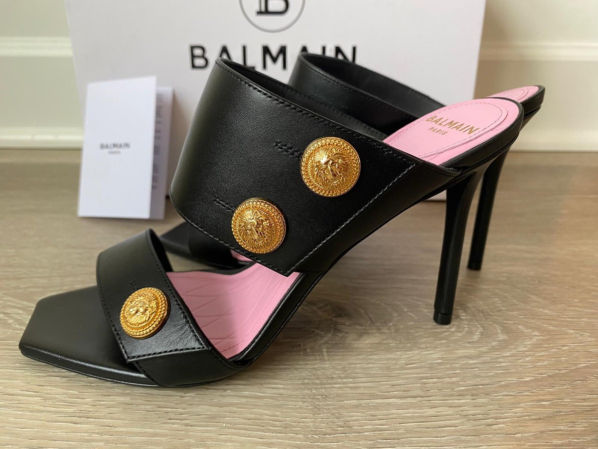 Balmain Women Black Mules Slip on Sandals Heels Golden Buttons size 37  Brand New