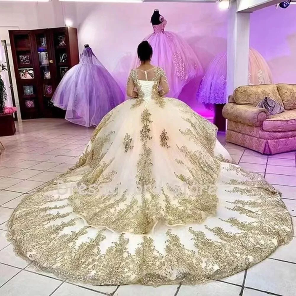 Sparkly Champagne Gold Ball Gown Quinceanera Dresses Sequined Lace 15 Dress