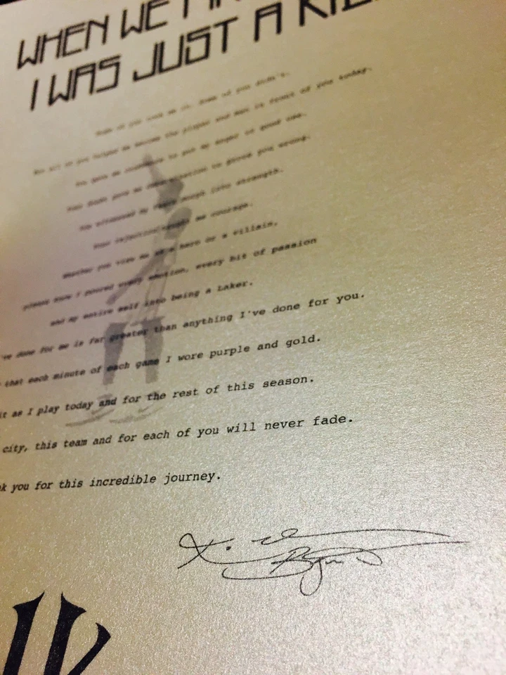 Kobe Bryant "Querido Basquete" Carta Reimpressão de Aposentadoria! Lakers Farewell Jazz - Imagem 2 de 4