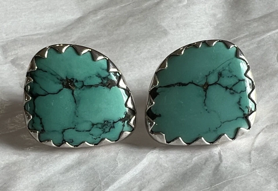 SILVER DIABLO ORGANICS GAUGE EAR PLUGS ONE OF A KIND FREE FORM TURQUOISE PIERCED - Image 4 of 4