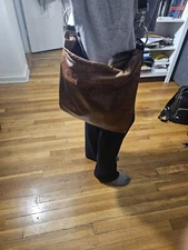 Village Tannery Custom Leather Shoulder Bag; dark brown with adjustable strap; 