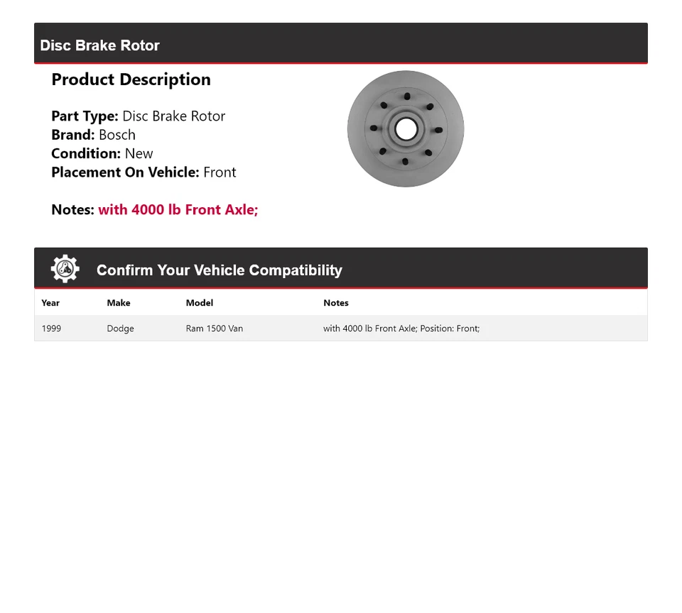 Передний дисковый тормоз ротор тихий для Dodge Ram 1500 Van Bosch 1999 года выпуска - Изображение 2 из 4