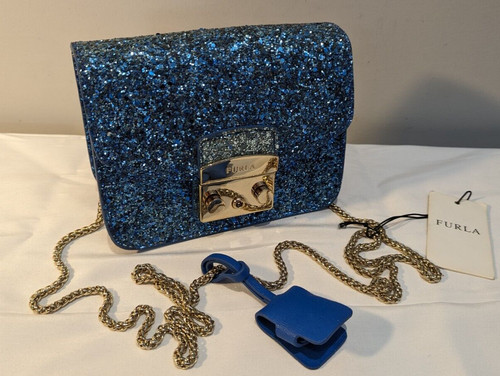 FURLA METROPOLIS MINI LEATHER BAG BLUETTE GLITTER PURSE *BRAND NEW* BEAUTIFUL!