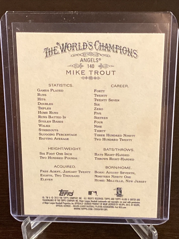 Tarjeta de novato Topps Allen & Ginter Mike Trout 2012 Los Angeles Angels como nueva radiocontrol Foto 2 de 2