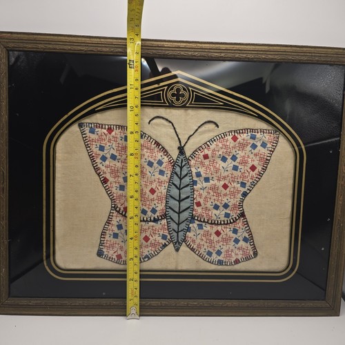 Antique Framed Quilt Art Butterfly Hand Sewn 1930s Reverse Painted 17.25x13.25" - Picture 8 of 9