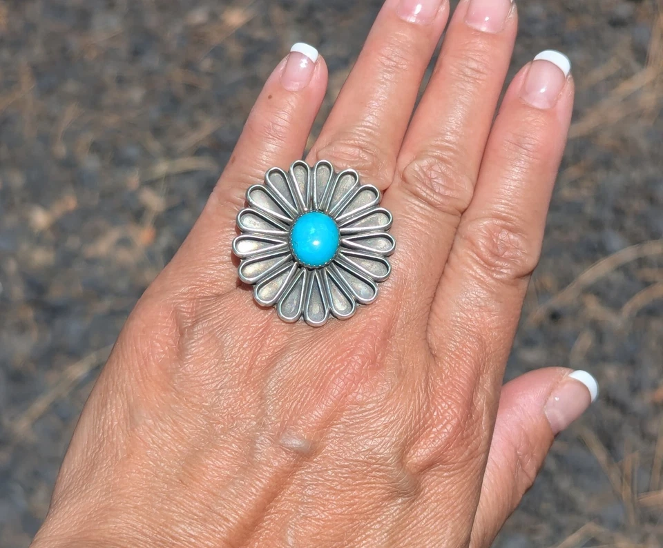 Anillo Navajo Kingman Turquesa Plata Esterlina Hecho a Mano Firmado Joyería Ajustable Foto 3 de 4