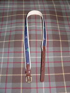 Lady Canterbury Blue Golf Ribbon on White Cotton Web w/Brown Leather Tabs. Sz26