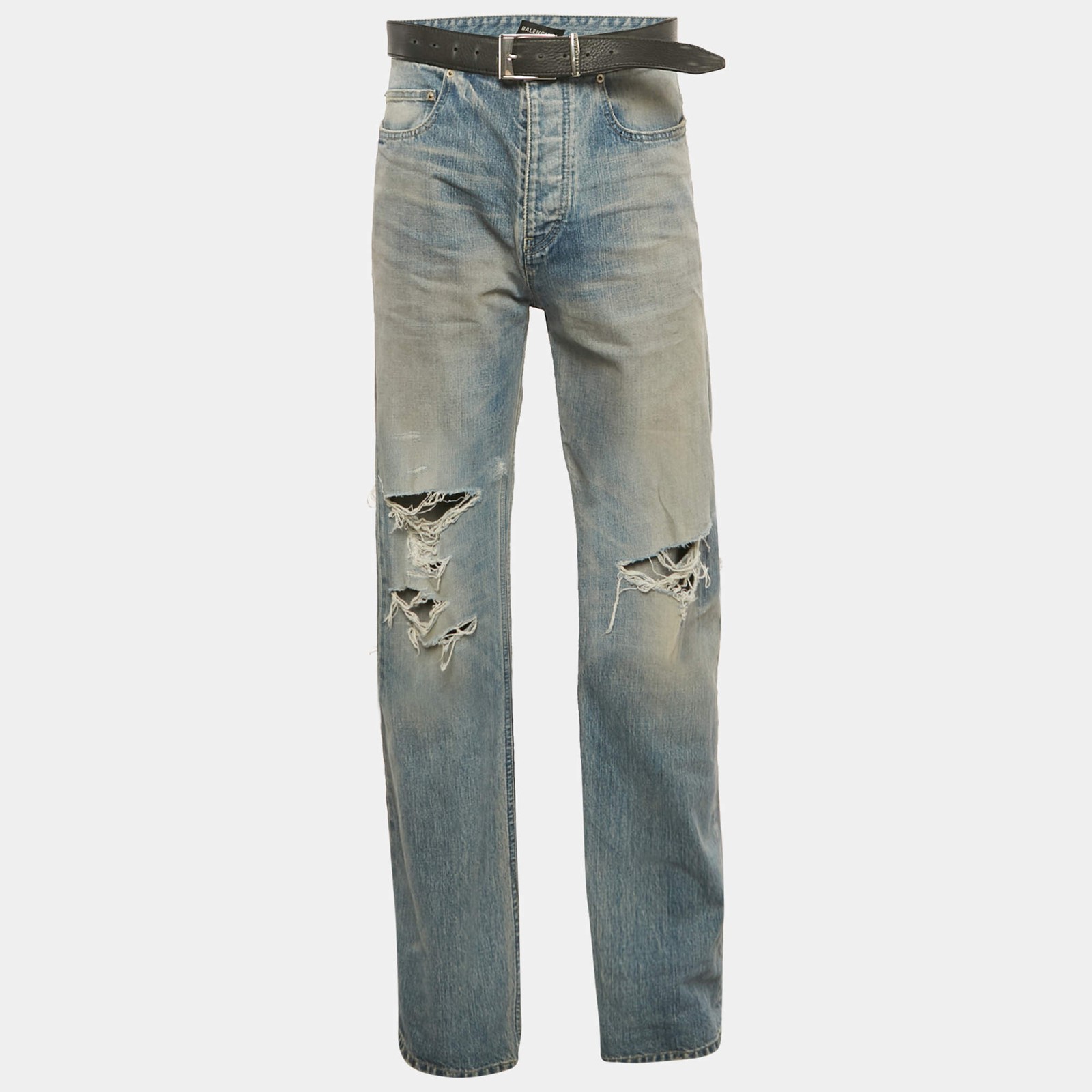 Balenciaga Unisex Blue Ripped Denim Belted Jeans MWaist 32