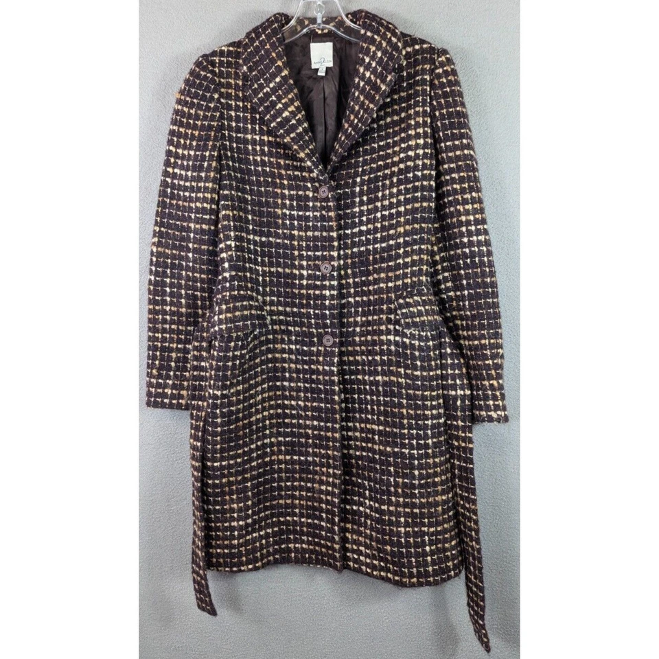 Abrigo para mujer Anne Klein pequeño marrón lana mohair mezcla de alpaca cinturón abotonado Foto 3 de 4