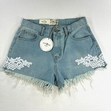 UMGEE Blue Denim Shorts Women's Size 3 Boho Floral Lace Frayed Hem Cut Off Mid