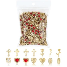 128PCS Gold Nail Charms Set with Rhinestones Gems Rose Hearts Cross Virgin Mary