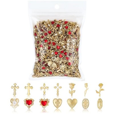 128PCS Gold Nail Charms Set with Rhinestones Gems Rose Hearts Cross Virgin Mary