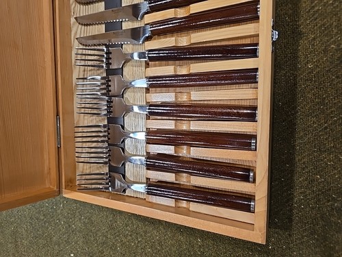 Vintage Newbridge Cuisine Cutlery 12 pc Lot Wood Handle Forks Knives Wooden Box - Picture 2 of 8