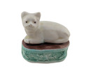 Antique Chinese Porcelain White Cat Figurine Statue on Green & Brown Base
