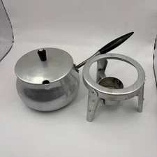 Vintage 1950s Puralum Aluminum Fondue Pot Set with Burner Stand Black Handle
