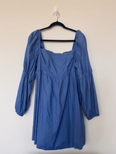 Reformation Size 14 Michaela Dress Blue Cotton Cocquette Mini Long Puff Sleeve