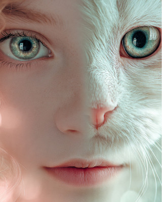 Digital image Cat Girl Split Face Art   4K Fantasy Aesthetic Wall Poster