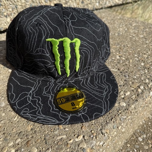Monster Energy Drink Black Fitted Stretch Baseball Hat Cap Size 8 Grunge Rock
