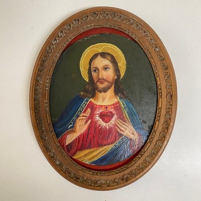 Kleines Gemälde Medaillon Öl s/ Kupfer - Christus - Heiliges Herz Jesu - 19. Jh.