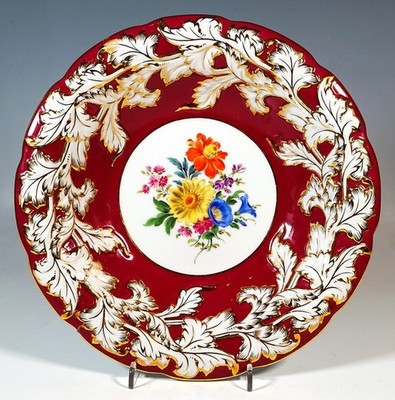 MEISSEN PRUNK TELLER ROT GOLD BRONZE BLUMEN BUKETT PLATE  B- FORM   DM: 25.3 CM