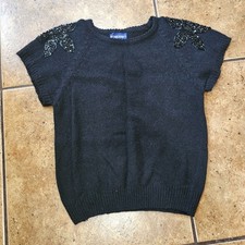 Vintage Black Knit Sweater Short Sleeve Floral Beaded Sequins Silk Angora Medium