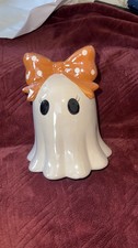 Viral Ghost With Orange  White Polka Dot Bow Halloween Figurine 7.5 X 6  NEW