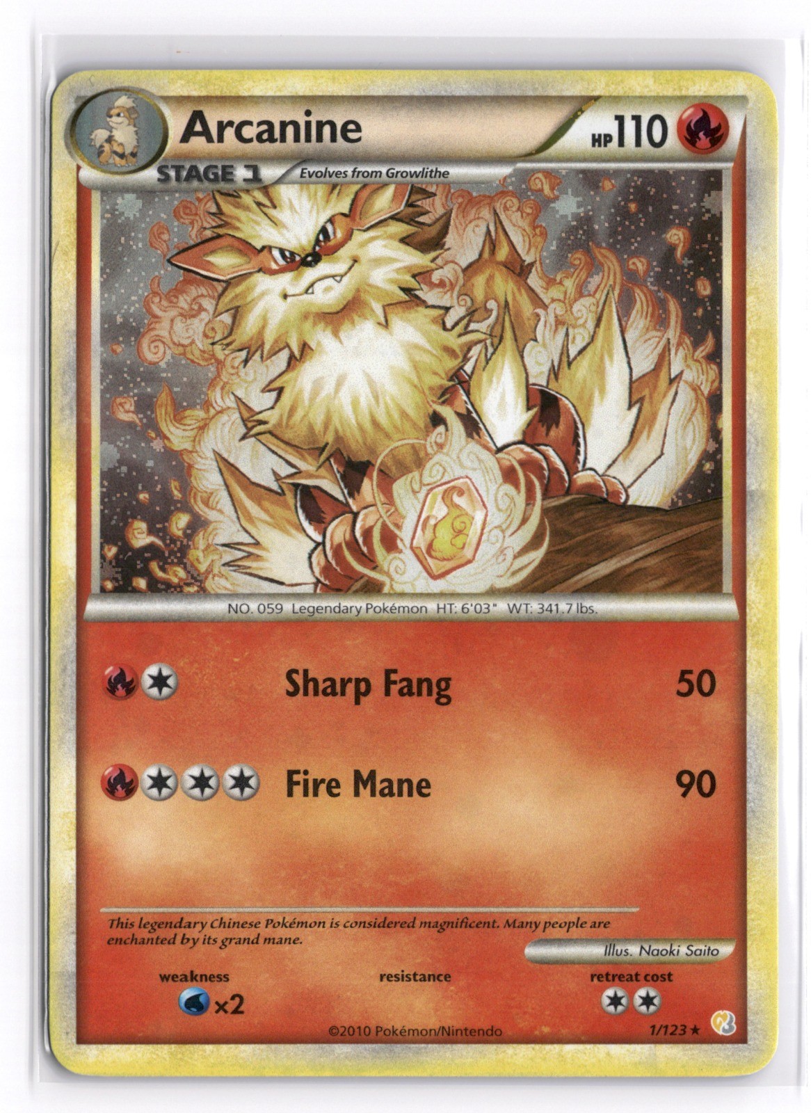 Pokemon TCG Arcanine 1/123 HeartGold SoulSilver Holo Rare NM