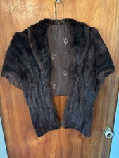 Vintage Real Fur Stole Shoulder Cape Wrap Brown Satin Shawl Lined Women s