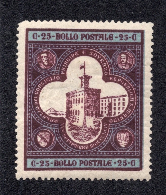 San Marino 1894 25c blue & dark brown Palace, Scott 29 MH, value = $7.50