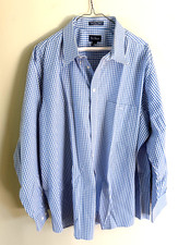 EUC Paul Fredrick Mens Blue White Check Dress Shirt 18-36, 100 Cotton