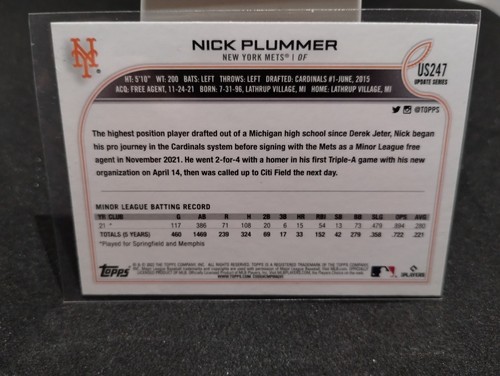 2022 Nick Plummer #US247 Topps Update RC NM - Picture 2 of 2